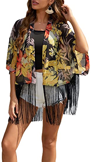 BB&KK Women's Floral Kimono Cardigans Chiffon Casual Loose Open Front Cover Ups Tops