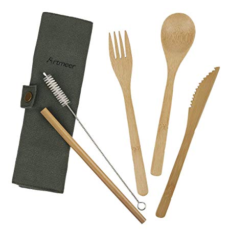 Travel Utensil Sets Flatware Set Serving Bamboo Cutlery Set Reusable Lightweight With Portable Pouch,Knife,Fork,Spoon,Straw,Clean Brush for Outdoor Camping School Office