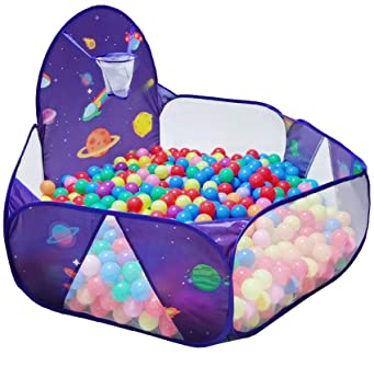 LOJETON Kids Ball Pit Pop Up Children Play Tent, Toddler Space Pool Baby Crawl Playpen with Basketball Hoop and Zipper Storage Bag - Balls Not Included