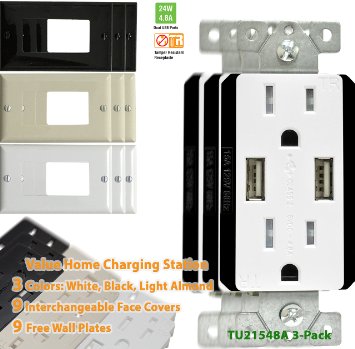 TOPGREENER TU21548A 4.8A Duplex USB Charger Outlet Ultra High Speed, Smart USB Ports, 24W, 15A Tamper Resistant Receptacle, 9 Interchangeable Face Covers, 3-Pack, 9 Free Wall Plates