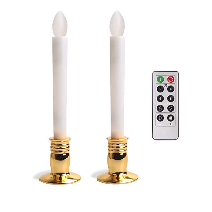 LED Flameless Taper Candles with Remote Timer-Battery Operated Window Candles Warm White Light with Candle Holders for Party,Wedding,Birthday,Dinner,Festival Decorations(Set of 2)