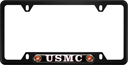 USA Patriotic Anodized Aluminum Thin Top | Narrow Top Car License Plate Frame with USMC | Marines - Black Insert with Free caps - Black