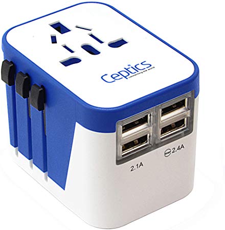 Ceptics World Travel Adapter Power Plug W/ 4 USB Ports - Charge Cell Phones, Smart Watches, iPhones All over the World - For International Europe, China, US, UK, Canada, Australia - Type A, C, G, I