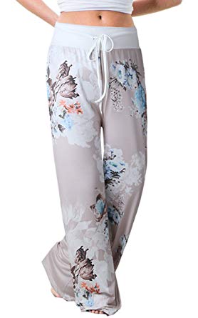 Angashion Women's High Waist Casual Floral Print Drawstring Wide Leg Pants