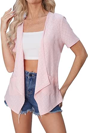 Women's Short Sleeve Crochet Cardigan Shrug Open Front Lightweight Summer Eyelet Hollow Draped Ruffles Knit Cardigan Pockets