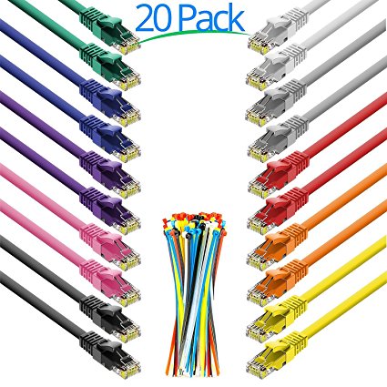MAXIMM 0.6 Feet |20 Pack | Multi-Color| Snagless Cat6 Ethernet Cable With Cable Ties