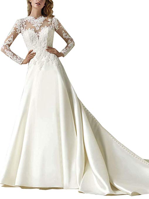 Women A Line Lace Appliqued Bridal Gowns Long Sleeves Chapel Wedding Dress Sweep Train Plus Size