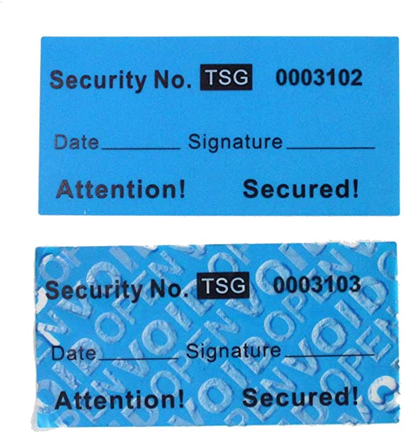 100pcs Non Transfer Tamper Resistant Security Warranty Void Labels/Stickers/Seals (Blue 1 x 2 inches, Unique Nos. - TamperSeals)