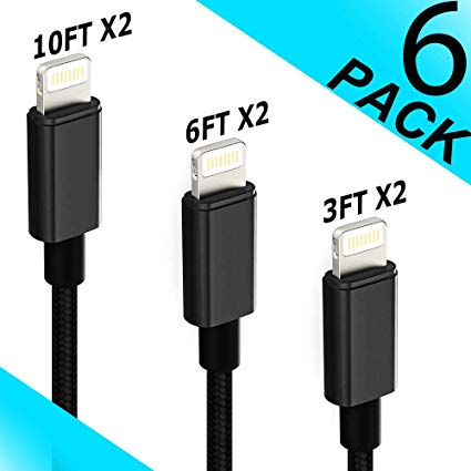 Black-Light Lightning Cable 6Pack(3/6/10FT x2) Nylon Braided Charging Cable Cord USB Cable Charger Compatible with iPhone Xs MAX XR 8 8 Plus 7 7Plus 6s 6sPlus 6 6Plus 5 5s 5c SE Pad Pod
