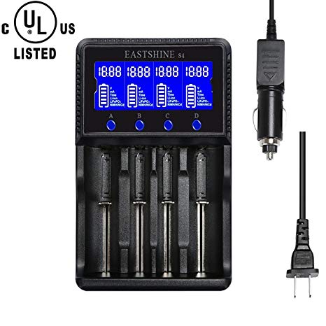 LCD Display UL Listed Speedy Universal Battery Charger & Car Adapter, EASTSHINE S4 Smart Charger for Rechargeable Batteries Ni-MH Ni-Cd AA AAA Li-ion LiFePO4 IMR 10440 14500 16340 18650 RCR123 26650