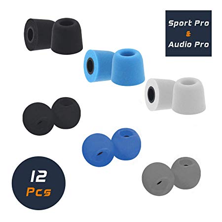 Foam Earphone Earbuds Tips, Sport Pro & Audio Pro Eartips Assorted Colors Variety Pack Replacement Premium Memory Foam Headphone Tips Fits Most in Ear Earphones - 6 Pairs; Black, Grey, Blue