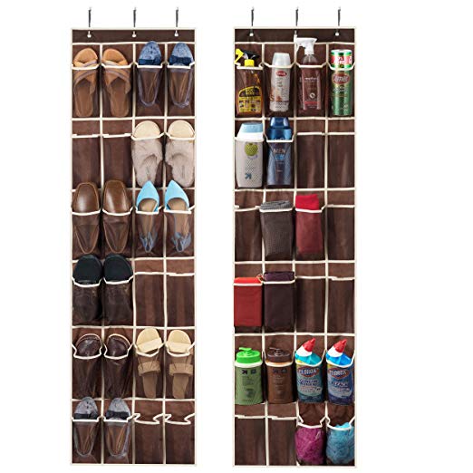 ZOBER Over The Door Shoe Organizer - 24 Breathable Pockets, Hanging Shoe Holder for Maximizing Shoe Storage, Accessories, Toiletries, Laundry Items. 64in x 18in (2 Pack, Java Brown)