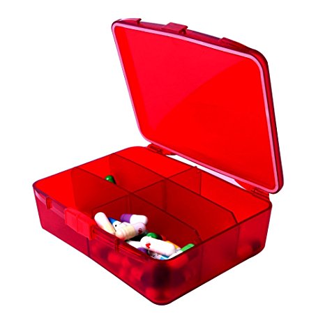 XINHOME 6 Compartment Pill Box Holds Up to 200 Tablets Gasketed & Waterproof (Red)