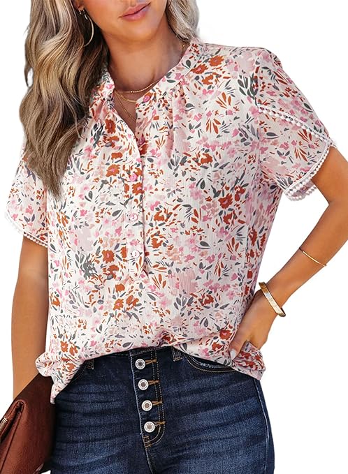 Dokotoo Womens Casual Boho Floral Print Short Sleeve Tops Half Button Down V Neck Chiffon Blouses Shirts