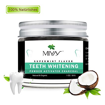 Teeth Whitening Charcoal Powder, MIYAY Natural Organic Tooth Whitener Activated Charcoal Powder Fresh Mint Flavor for Whiter Smile with Spoon (1 oz)