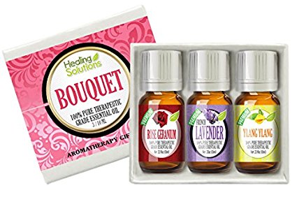 Bouquet Set 100% Pure, Best Therapeutic Grade Aromatherapy Essential Oil Gift Set - 3/10 mL (Rose Geranium, French Lavender, Ylang Ylang)