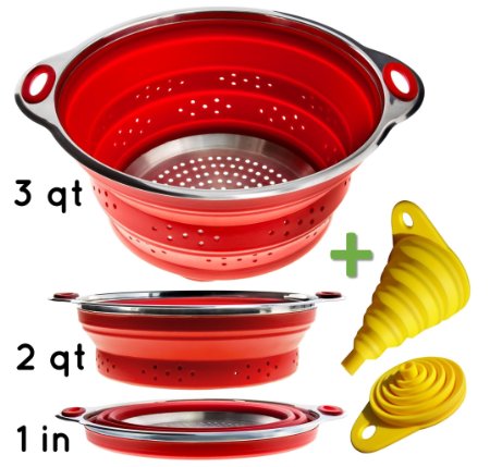 Combo of Collapsible Colander   Foldable Funnel   2eBooks. Top Quality Stainless Steel and Silicone Strainer. 3 & 2 Quarts. Gift Idea for Women - Mother or Wife, Her Birthday, Wedding or Small Kitchen
