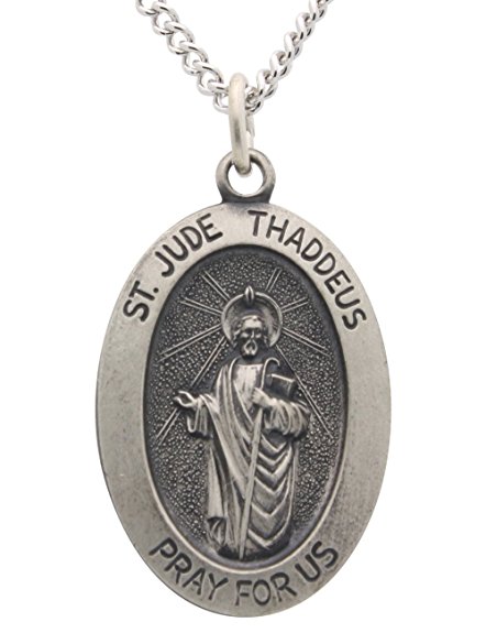 Saint Jude Necklace With Embossed Oval Fine Solid Sterling Silver Pray for Us Medal 18.75x13.50 MM