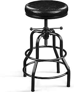 Yaheetech Industrial Bar Stools Rustic Kitchen Stools Height Adjustable Barstool (54.5-71.5 cm) Round Bar Chairs with Faux Leather Seat, Footrest, Stool for Kitchen Counter, Bar, Home Bar, Black, 1PCS