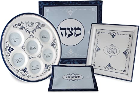 Zion Judaica Passover Seder TableTop Renaissance Collection Seder Plate, Matzo Plate, Matzah Cover Square or Round, Afikomen Bag Available Individually or Complete Set (Complete Set (Square Cover))