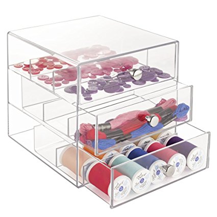 mDesign Art Supplies, Crafts, Crayons and Sewing Organizer with 3 Drawers - Clear