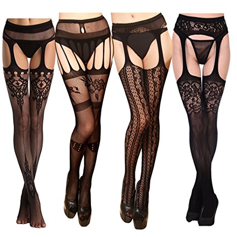 TGD Womens Black Fishnet Lace Tights Suspender Pantyhose Stretchy Thigh-High Stockings