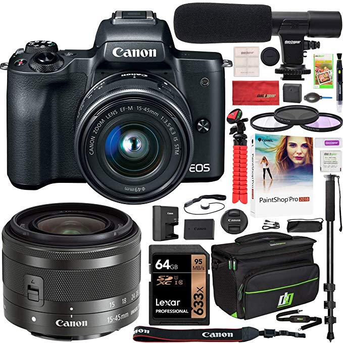 Canon EOS M50 Mirrorless Camera with 4K Video and EF-M 15-45mm Lens Kit (Black) and Deco Gear Deluxe Travel Gadget Bag Case   Microphone   Monopod   Filter Set   64GB Memory Card Accessory Kit Bundle