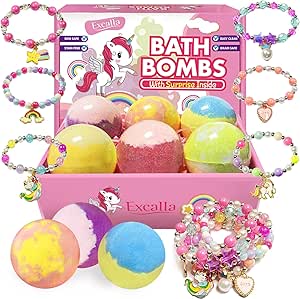 Unicorn Bath Bombs with Surprise Inside for Kids Girls, 6 Kids Bath Bombs with Jewelry Inside, Natural Bubble Bath Bombs for Skin Moisturizing, Birthday Christmas Easter Gifts for 4 5 6 7 8 Year Old