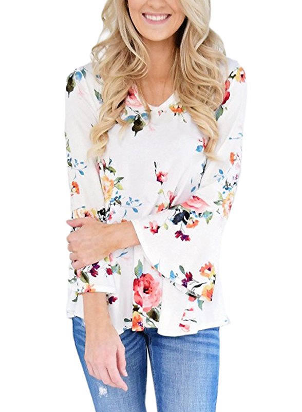 FARYSAYS Women's Casual V Neck Floral Print Long Bell Sleeve T Shirt Tops Blouse (S-XXL)