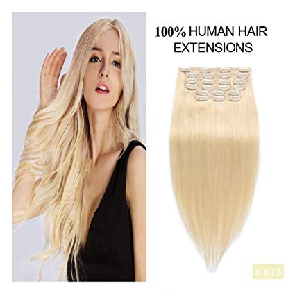 Blonde Clip in Human Hair Extensions 16inch, Re4U 16" Full Head Clip on Real Hair Extensions Straight Silky Soft 130grams 10pcs per Set with 22 Clips (16" 10pcs 130g #613 Blonde)