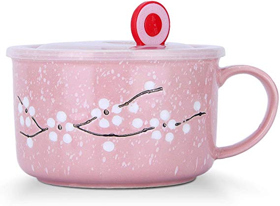 VanEnjoy 30oz Ceramic Bowl Set with Lid & Handle,Cherry Blossoms Among Snow Flake Pattern,Microwave for Instant Noodle Sara, Cereal Bowl (Pink)