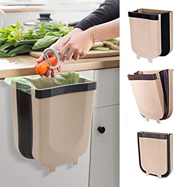 Hanging Trash Can,9L Collapsible Hanging Trash Can for Kitchen Cabinet Door Drawer Toilet Folding Waste Bin Car Waste Bin Portable Garbage Can Home Outdoor - Brown