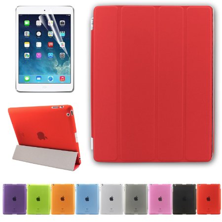 BESDATA Ultra Thin Magnetic Smart Cover [Auto Wake/Sleep Function] & Translucent Back Case for Apple iPad 2 / iPad 3 (The iPad) / iPad 4 (iPad with Retina Display)   Screen Protector   Cleaning Cloth   Stylus (Red)
