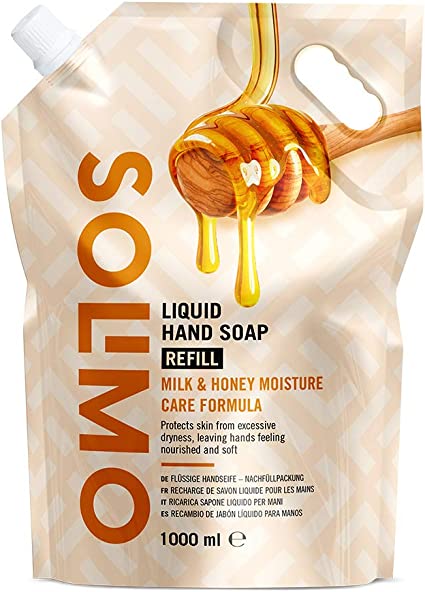 Amazon Brand - Solimo Moisture Care Liquid Hand Soap Refill - With Natural Honey & Milk Proteins - Pack of 1 (1 bag x 1000ml)