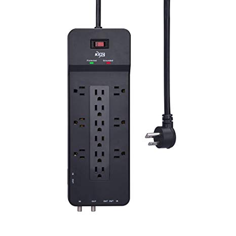 KMC 12-Outlet Surge Protector Power Strip, 4500J, TV Port/Network Port/Telephone,8-Foot Cord