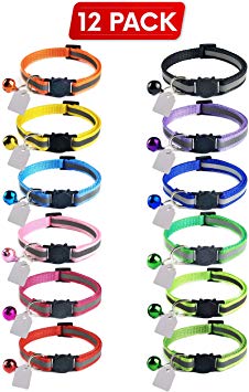 Elanz 12 Pack Reflective Breakaway Cat Collar with Bell & ID Tag – Adjustable, Super Soft, Durable Nylon Cat Collars – Multicolor with Safety Buckles & Weatherproof ID Tags for Kittens & Cats