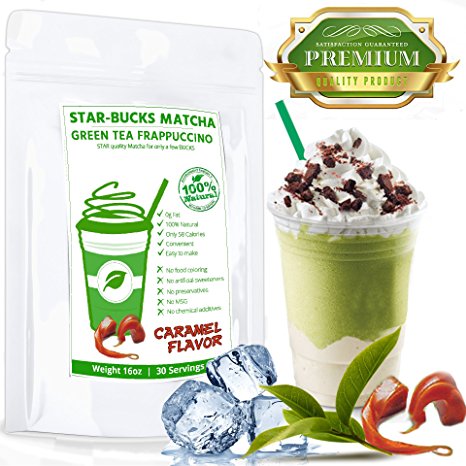 STAR-BUCK Matcha Latte Frappe Mix (16oz/ Caramel) - STAR Quality Matcha for a few BUCKS - Made with Certified 100% Organic Matcha infused with NATURAL CARAMEL FLAVOR. Makes 30 Servings