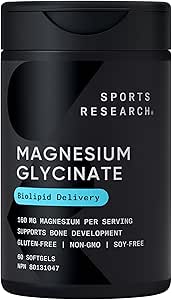 Sports Research® Magnesium Glycinate - Supports Restful Sleep & Enzymatic Processes - 160 mg Chelated Magnesium - Liquid Softgel - 60 count