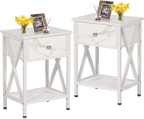 VECELO Modern Versatile Nightstands X-Design Side End Table Night Stand Storage Shelf with Bin Drawer for Living Room Bedroom, Set of 2, Marble White