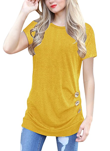 IVVIC Short Sleeve Shirts for Women O-Neck Patchwork Casual Loose Blouse Button Side Tunic Tops