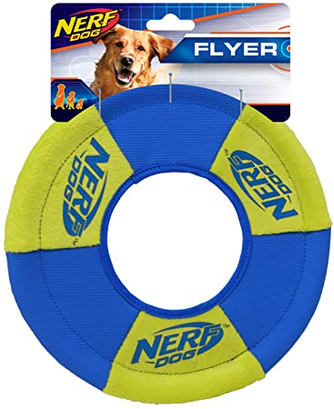 Nerf Dog Trackshot Toss and Tug Ring Dog Toy, Lightweight, Durable and Water Resistant, 9 Inches, For Medium/Large Breeds, Single Unit, Blue/Green