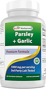 Best Naturals Parsley and Garlic 1000 mg per Serving 250 Vegetarian Capsules. Gluten Free and Non-GMO.