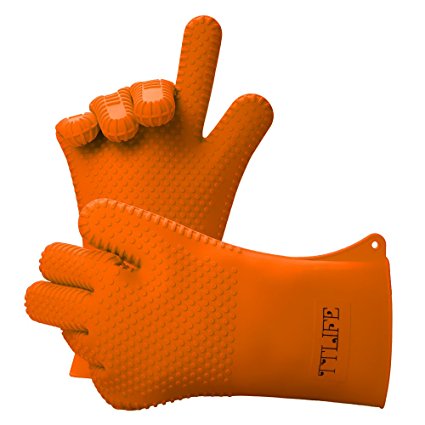 TTLIFE XL 13.5" Long Silicone Heat Resistant BBQ Grill Oven Gloves for Cooking, Baking, Smoking & Potholder - 1 Pair - FDA Approved (Orange) - For Extra Forearm Protection