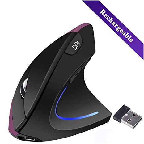 Wireless Ergonomic Mouse,Funwaretech 【Rechargeable】 2.4G Vertical Optical Mice,800/1200 /1600 DPI with 6 Buttons for Laptop,Desktop,PC, MacBook - Purple