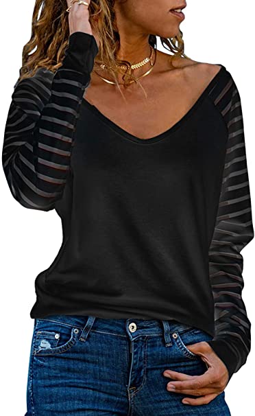 Asvivid Womens Casual V Neck Long Sleeve Shirts Striped Sheer Patchwork Blouses Basic Loose Tops