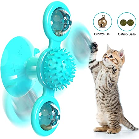 Windmill Cat Toy Multi-functional Interactive Cat Toys for Indoor Cats Chew Turntable Teasing Catnip Toys Cat Toothbrush Funny Kitten Toys Cat Hair Brush Massage Scratching Kitty Toy with Suction Cup