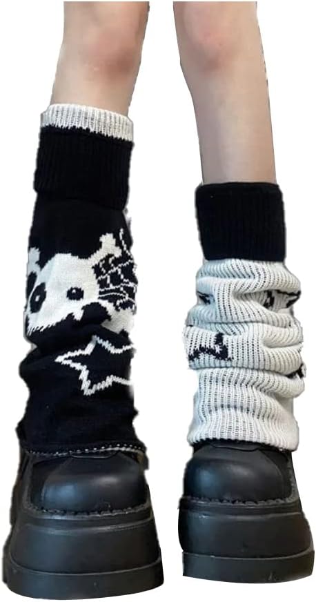 QXFQJT Women Girls Leg Warmers Y2k Star Skull Harajuku Gyaru Japanese Goth Leg Warmers Knit Striped Long Leg Cover