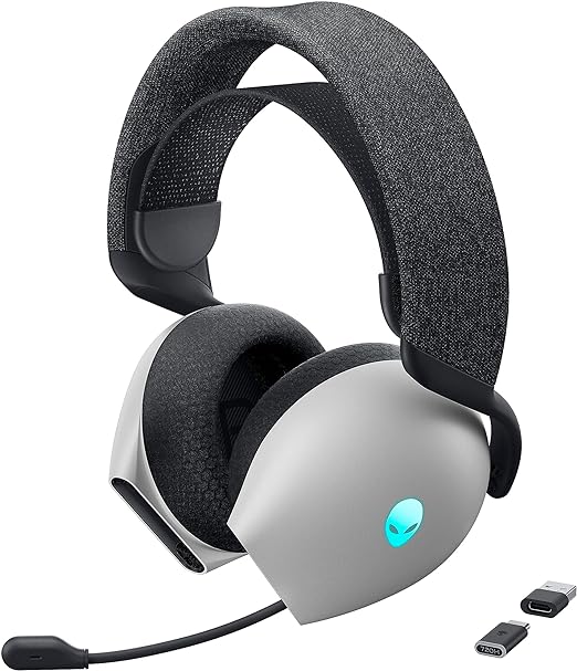 Alienware AW720H Dual-Mode Wireless Gaming Headset - Dolby Atmos Spatial Sound, Wireless 2.4 GHz, 3.5mm Connector Cable, in-line Controls, Integrated Microphone, Unidirectional - Lunar Light