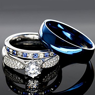 His and Hers 925 Sterling Silver Blue Sapphire Stainless Steel Wedding Rings Set Blue #SP24BLMSBL