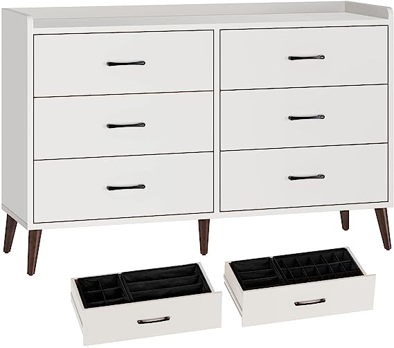 Rolanstar Drawer Dresser Quick Install, 6 Wooden Drawers Storage Dresser with Set of 4 Foldable Drawer Dividers, Modern Chest of Drawer with Anti-Tipping Device, Bedroom, Living Room, White